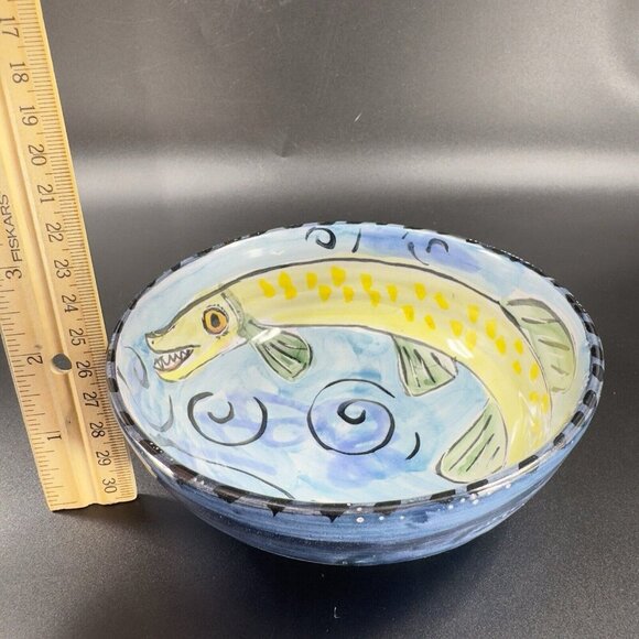 Hand Made Italian Pottery Dish Bowl Artist Signed Hand Painted Fish Animal Dish - Picture 3 of 12